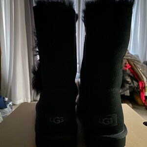 UGG Black Suede Boots with Fur Trim